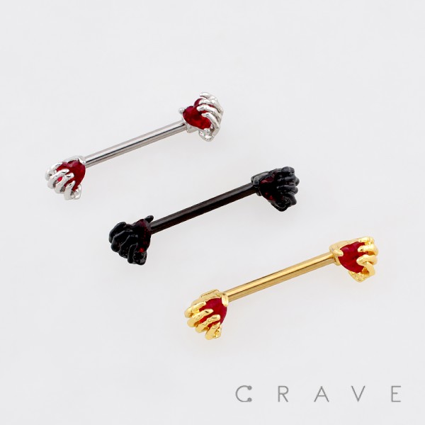 HALLOWEEN SKELETON HAND HEART 316L SURGICAL STEEL NIPPLE RING